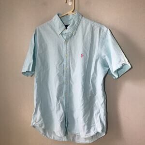 Ralph Lauren mens L light blue seersucker short sleeve button down shirt pink